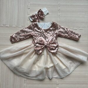 Girl sparkly rose gold sequin bow dress with matching headband size 2-3T